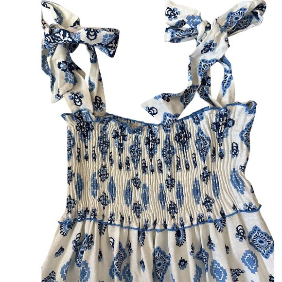 Zara Smocked Tie Strap Boho Linen Maxi Tiered‎ Dress Grecian Print Size Large - Picture 9 of 10